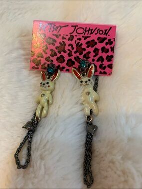 Betsey Johnson Cream Enamel Bunny Drop Earrings with Teal Crystal Accent